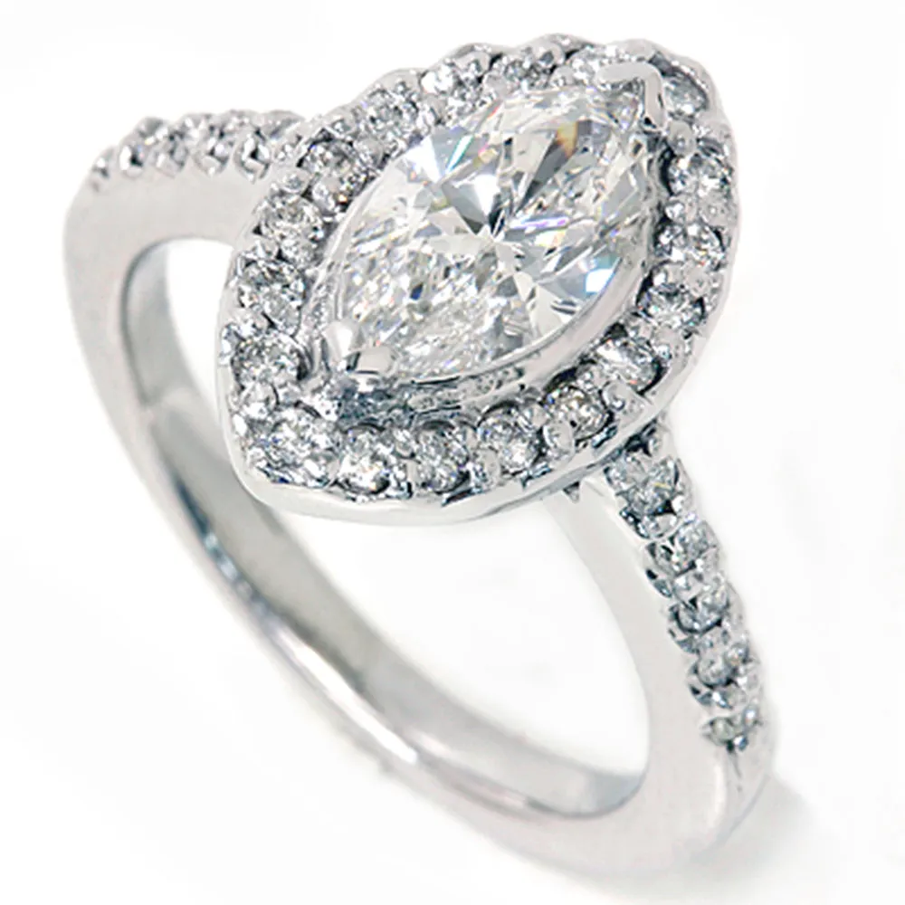 1 3/8ct Marquise Halo Diamond Ring 14K White Gold