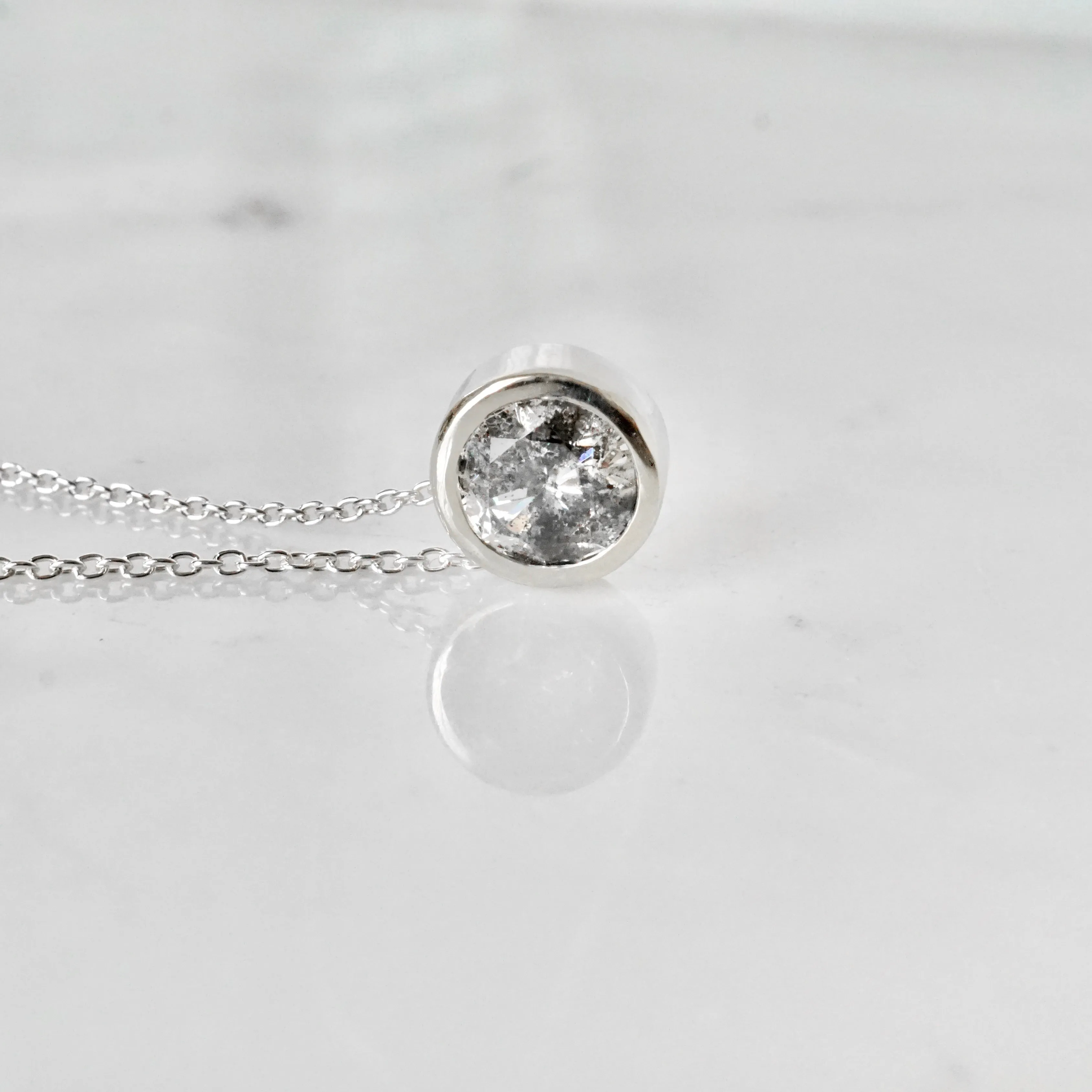 1 carat Salt and Pepper Diamond Necklace - Bezel Set Gray Diamond Pendant - Diamond Solitaire Necklace