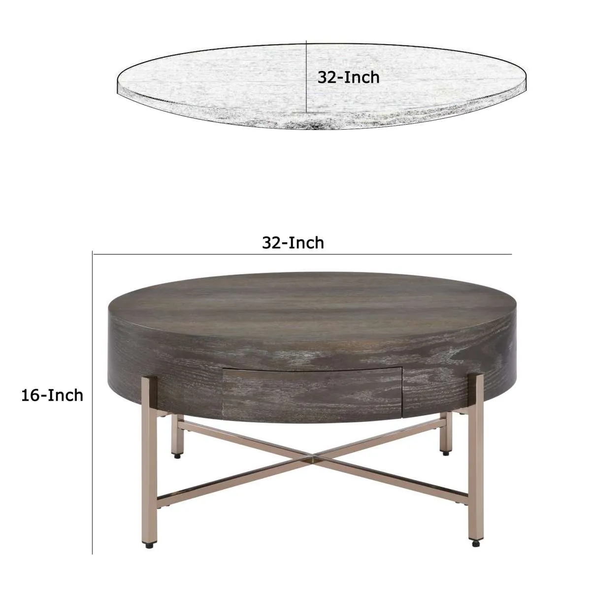 1 Drawer Round Modern Coffee Table With Crossed Metal Legs, Brown And Gold By Benzara