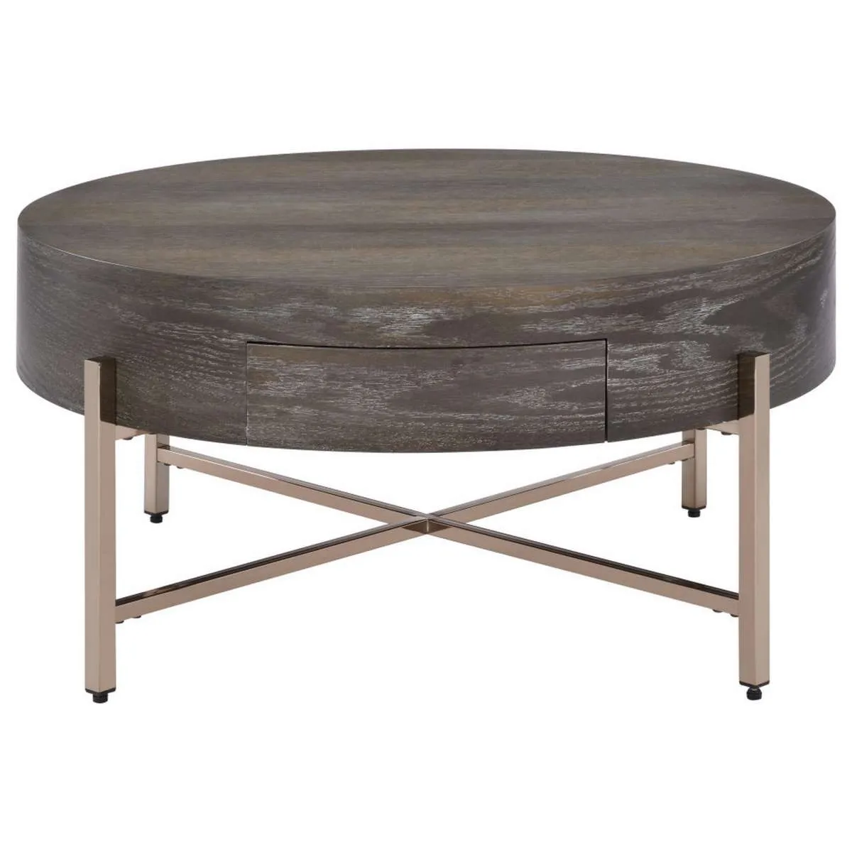 1 Drawer Round Modern Coffee Table With Crossed Metal Legs, Brown And Gold By Benzara