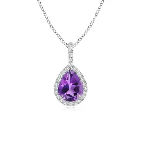 1.18 CT. Amethyst Pear Shape Pendant with Pavé Diamond Halo