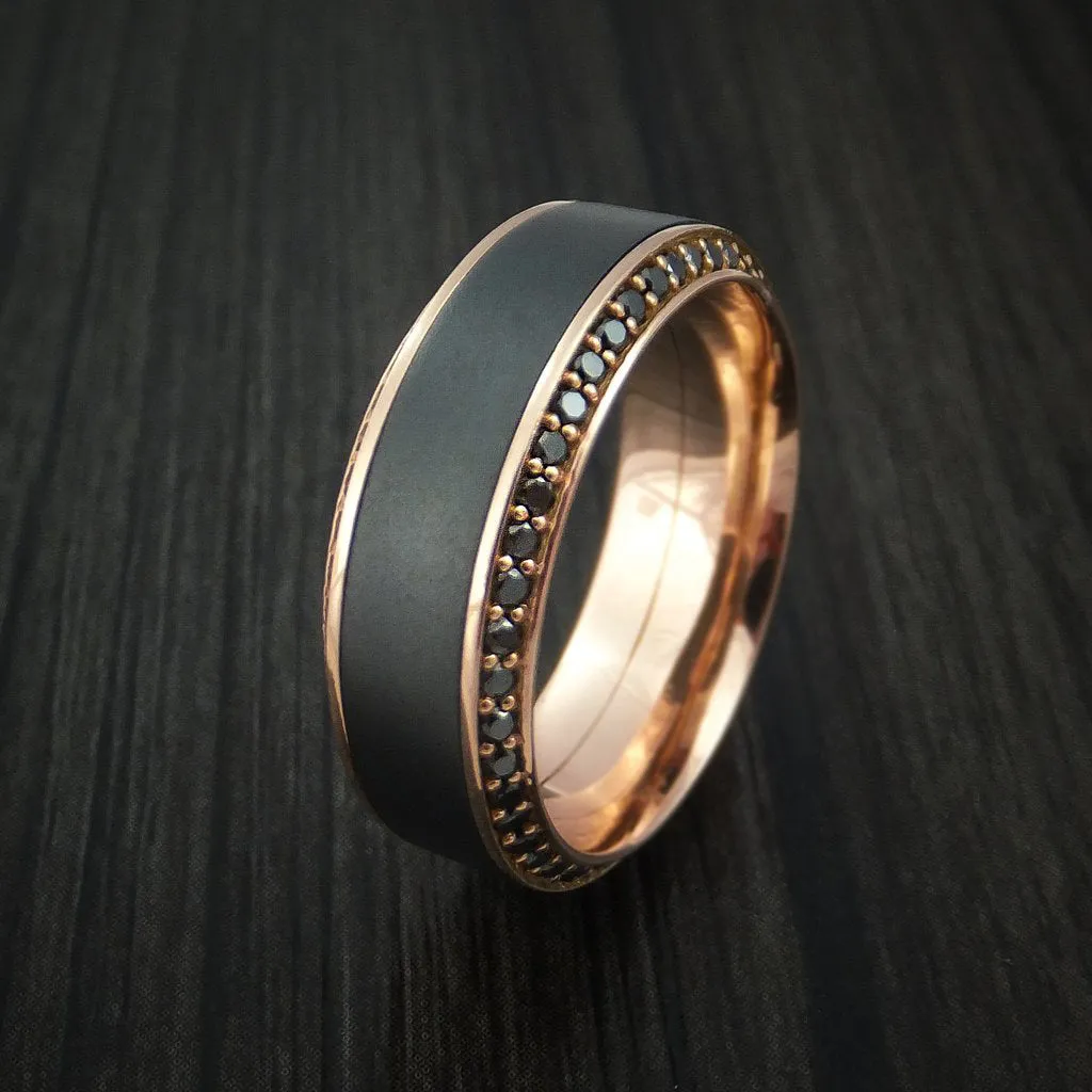 18K Rose Gold Men's Ring with Black Zirconium Inlay and Eternity Set Black Diamonds Custom Made Band