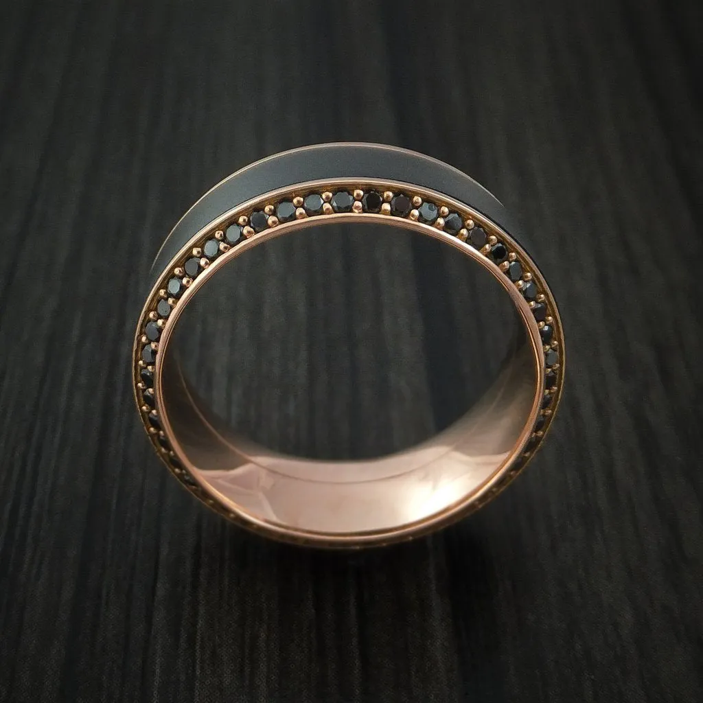 18K Rose Gold Men's Ring with Black Zirconium Inlay and Eternity Set Black Diamonds Custom Made Band