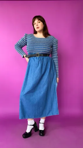 1990s Long Sleeve Smocked Denim Maxi Dress, sz. Extra Large