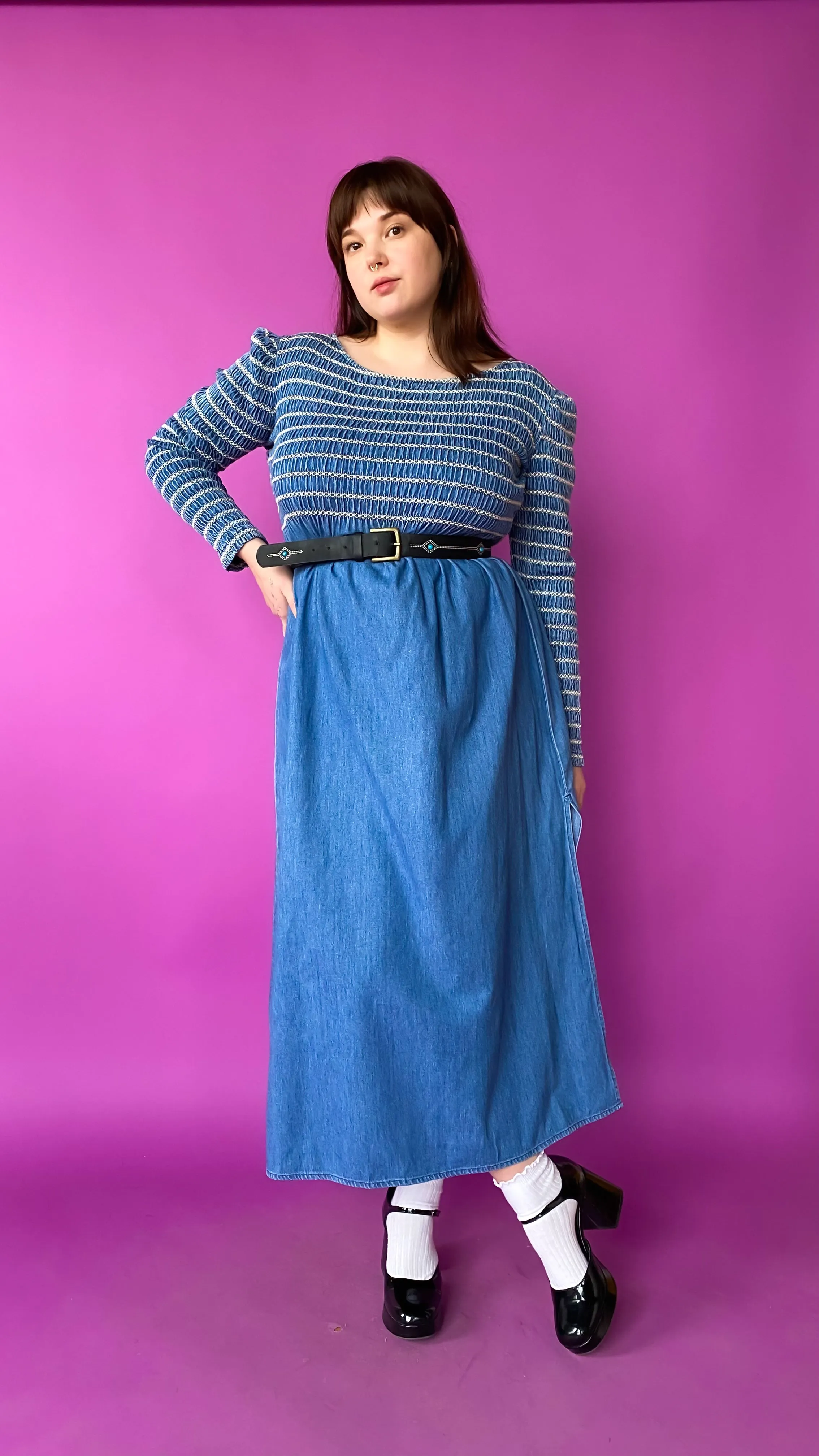 1990s Long Sleeve Smocked Denim Maxi Dress, sz. Extra Large