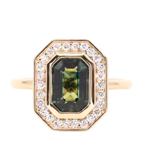 2.05ct Emerald cut Sapphire With Bezel Set Diamond Halo In 14k Yellow Gold