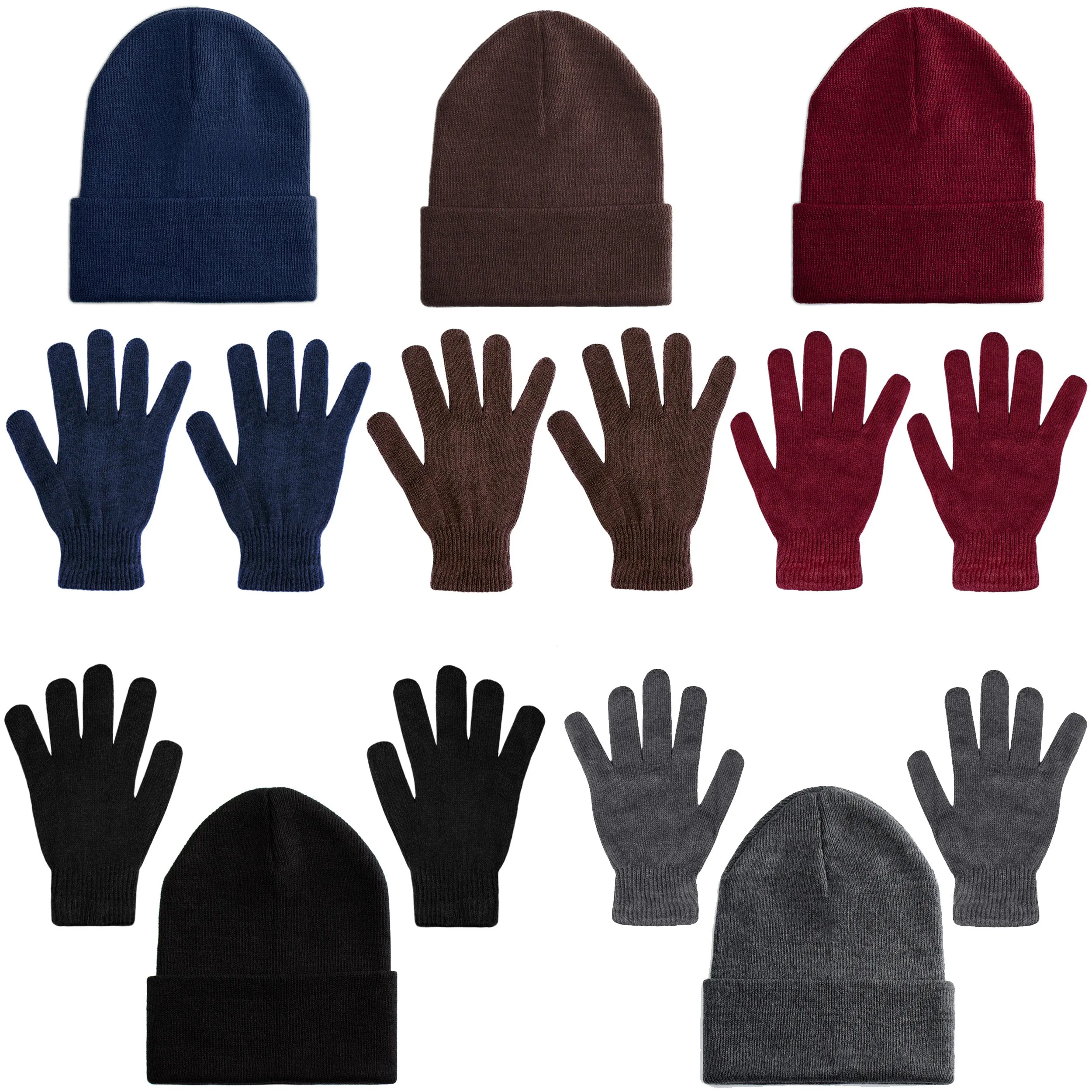 24 Set Wholesale Beanie and Glove Bundle in 5 Assorted Colors - Bulk Case of 24 Beanies, 24 Pairs of Gloves