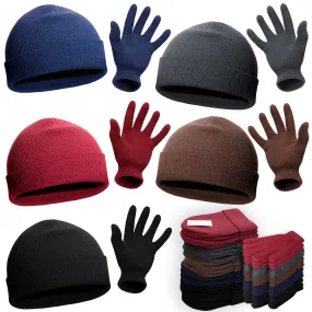 24 Set Wholesale Beanie and Glove Bundle in 5 Assorted Colors - Bulk Case of 24 Beanies, 24 Pairs of Gloves