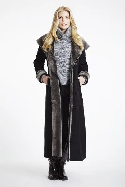 #6423 Long Hooded  Shearling Coat