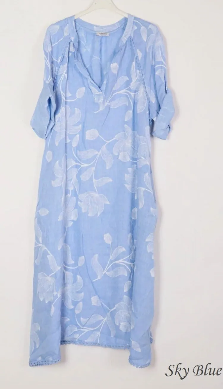 7161A Long Floral V-Notch Neckline Linen Dress