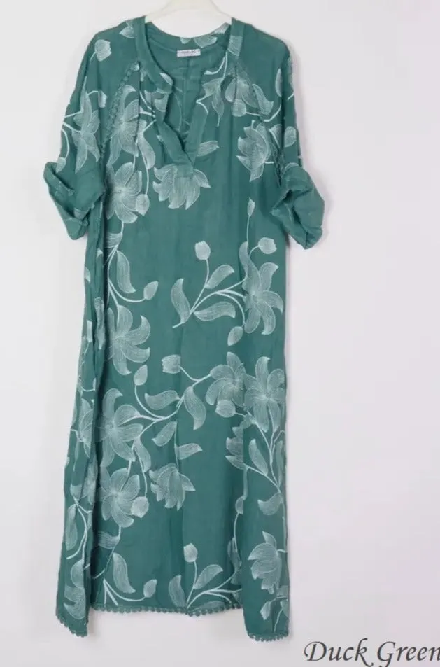 7161A Long Floral V-Notch Neckline Linen Dress