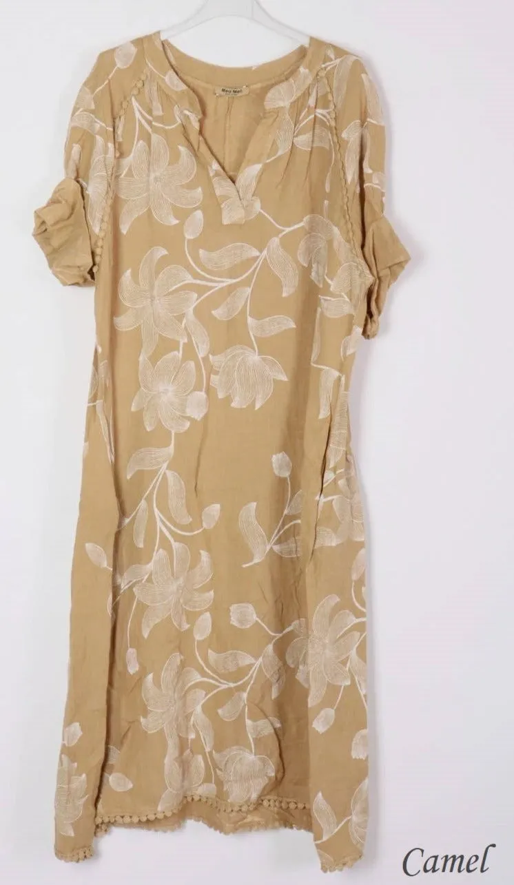 7161A Long Floral V-Notch Neckline Linen Dress