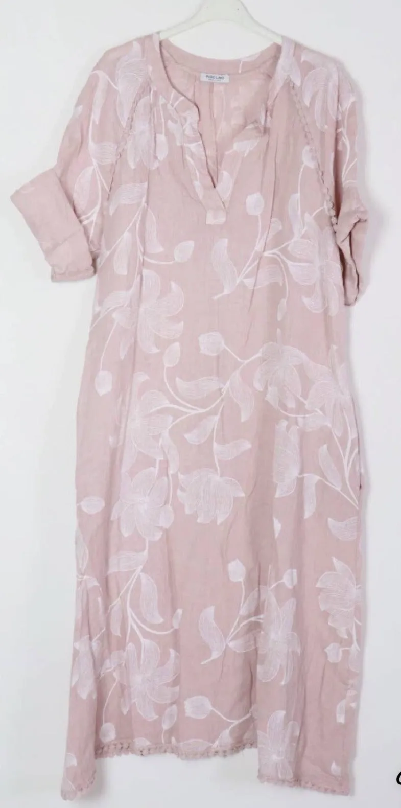 7161A Long Floral V-Notch Neckline Linen Dress