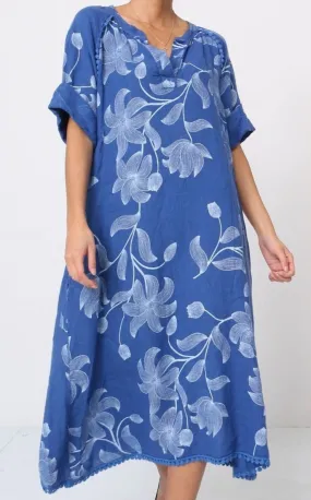 7161A Long Floral V-Notch Neckline Linen Dress