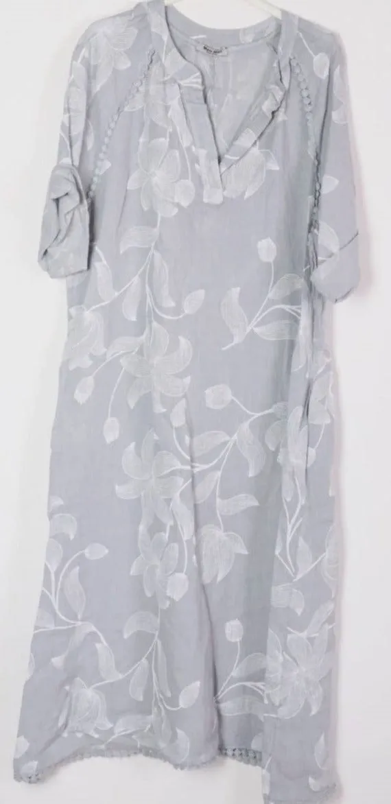 7161A Long Floral V-Notch Neckline Linen Dress