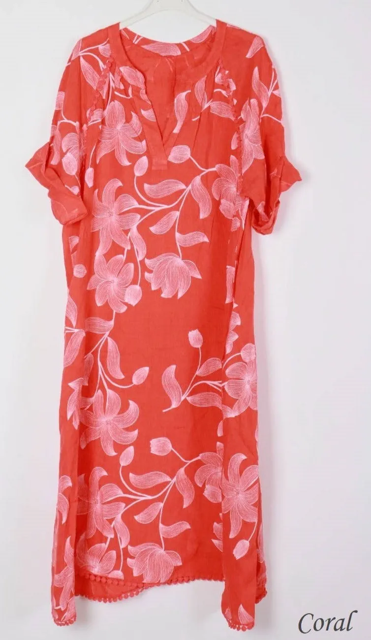 7161A Long Floral V-Notch Neckline Linen Dress