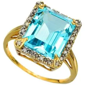 7.70 CARAT SKY BLUE TOPAZ & 1/5 CT DIAMOND 10KT SOLID GOLD RING