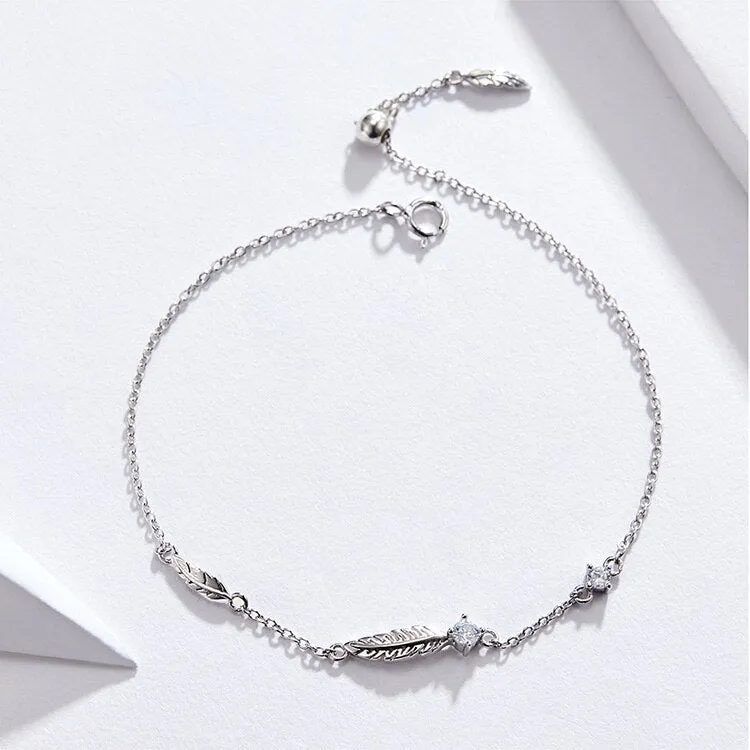 925 Sterling Silver Boho Feather Pattern Link Chain Bracelet for Women