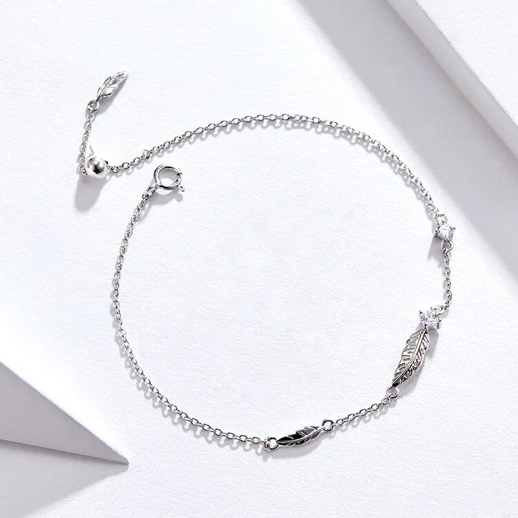 925 Sterling Silver Boho Feather Pattern Link Chain Bracelet for Women