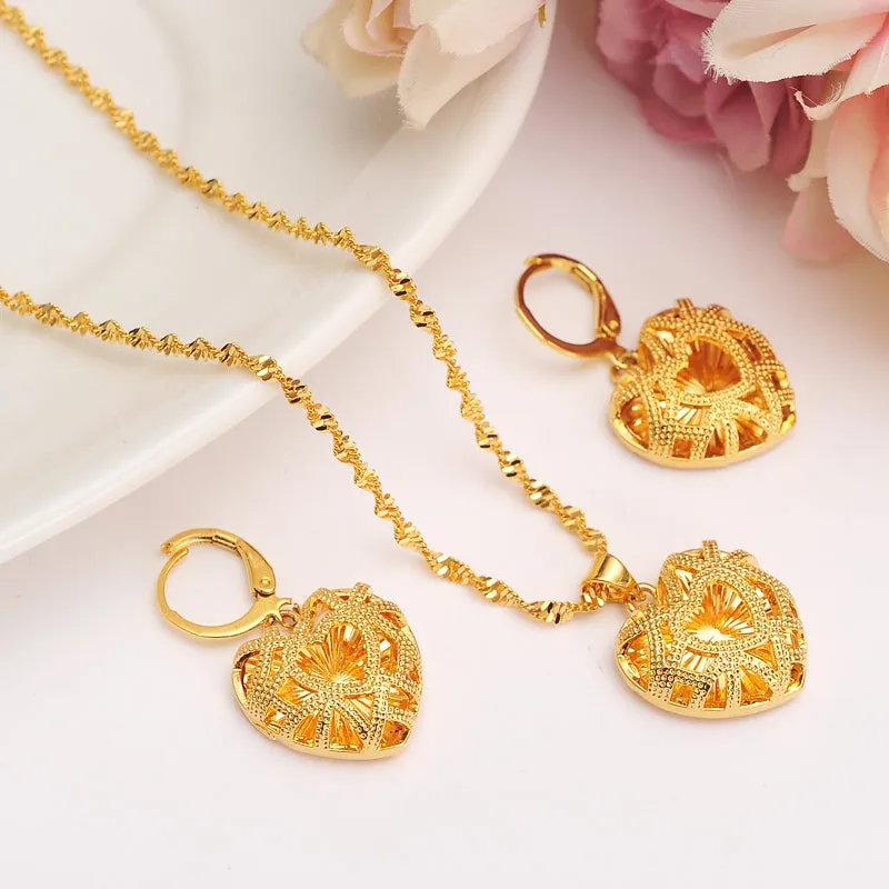 african heart  pendant Necklace Earrings Gold Dubai bridal jewelry