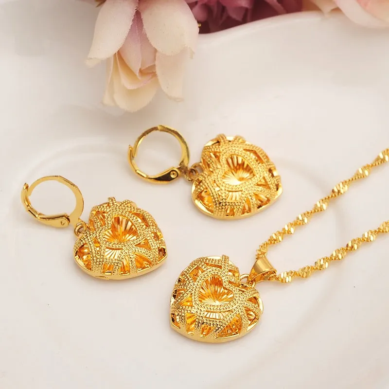 african heart  pendant Necklace Earrings Gold Dubai bridal jewelry