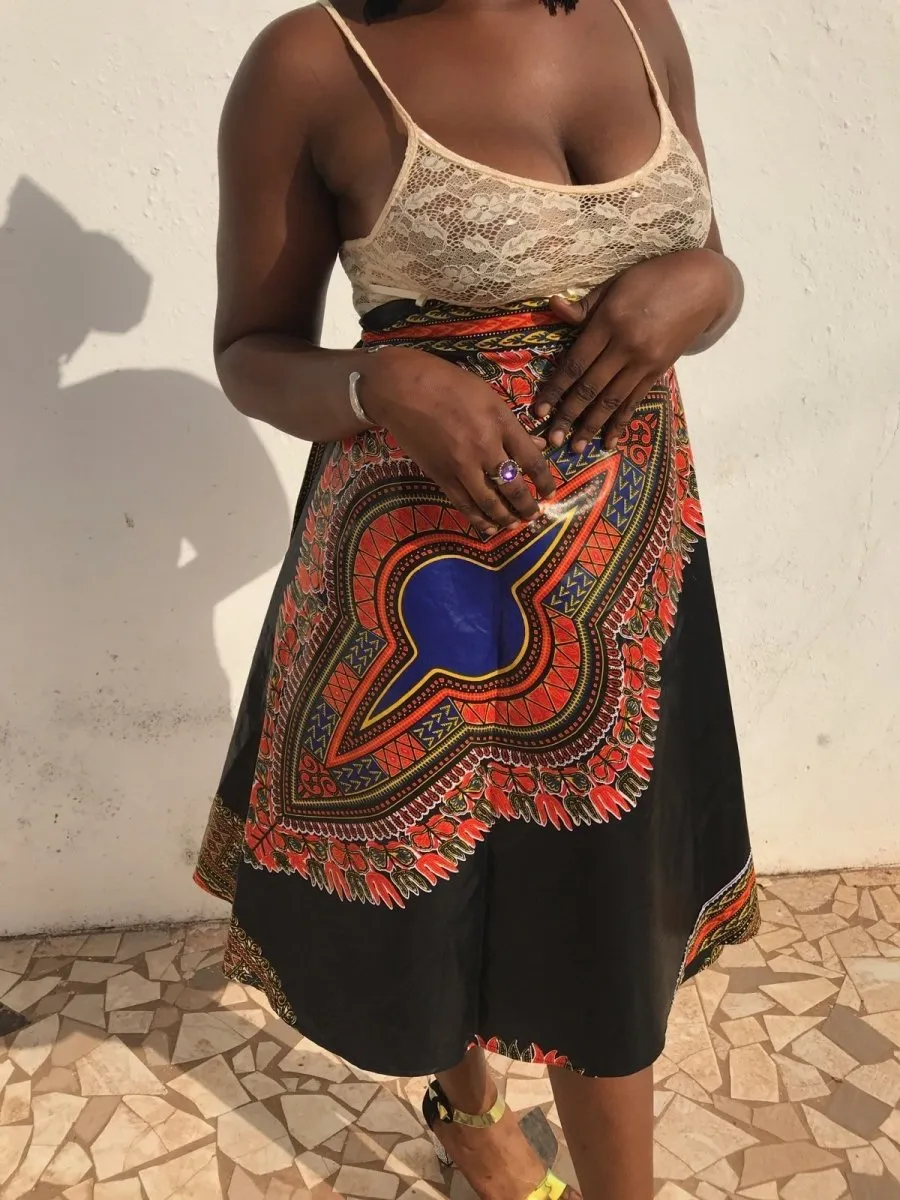 African Skirt, Wrap Skirt in Black Dashiki Print - Beach Skirt