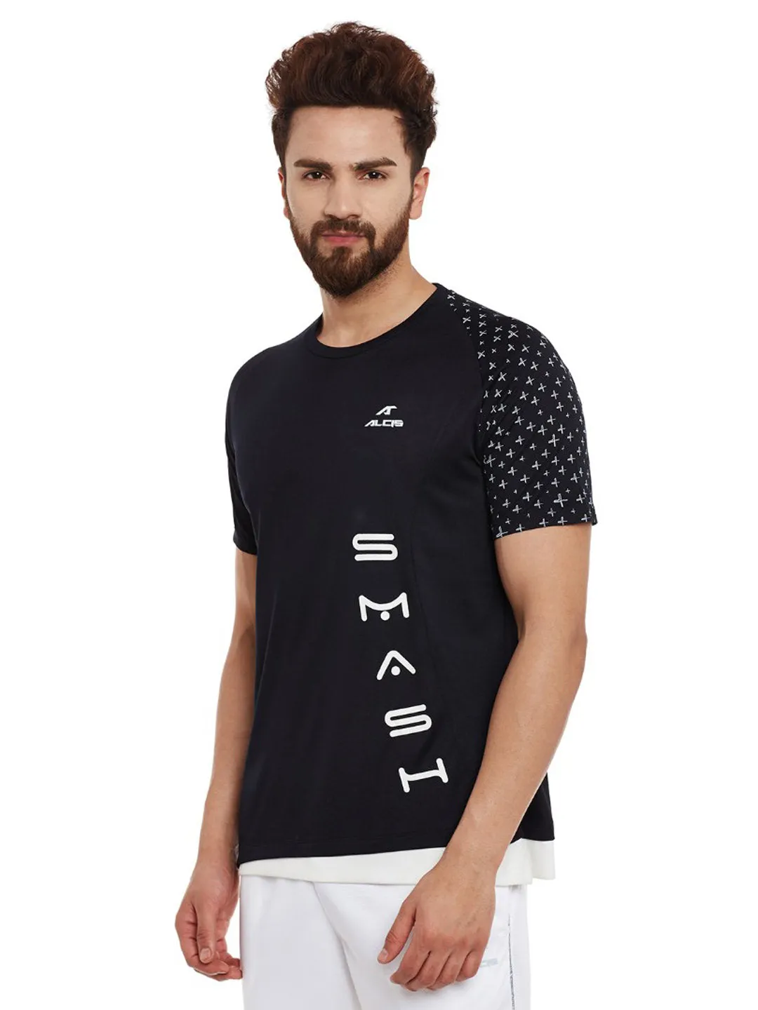 Alcis Men Black Printed Round Neck Tennis Pro T-shirt