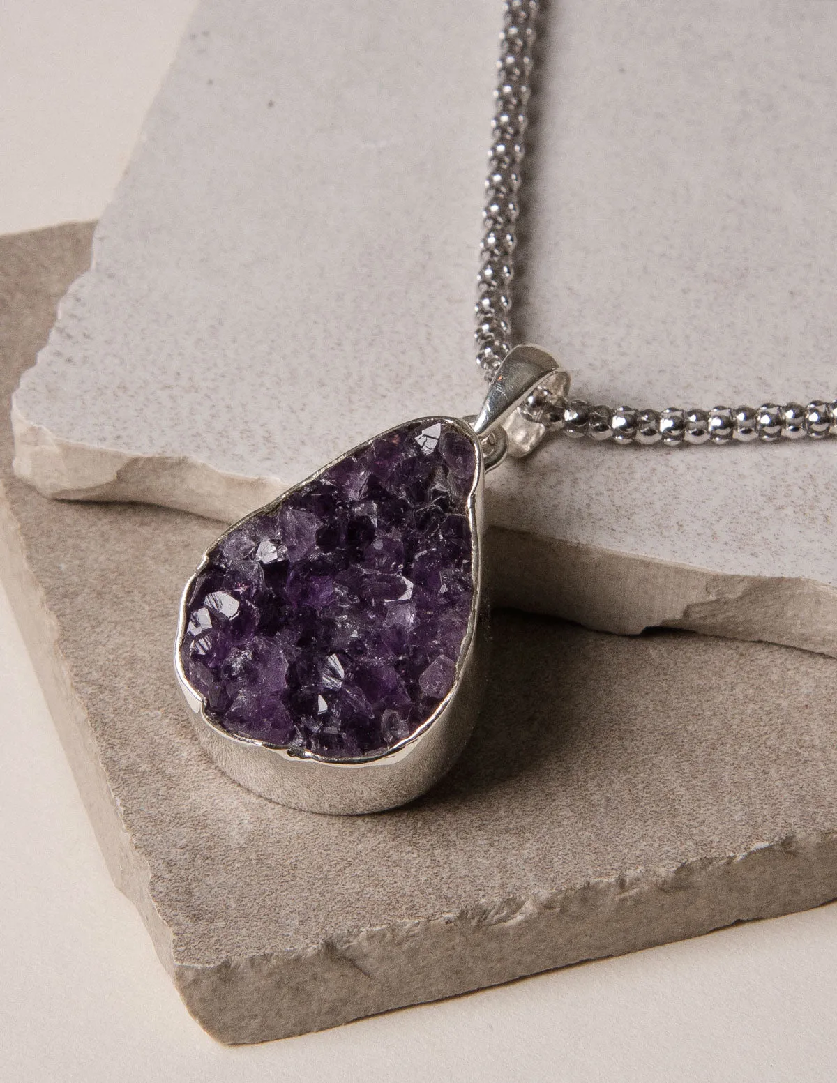 Amethyst Druzy Pendant Silver Necklace - One of a Kind