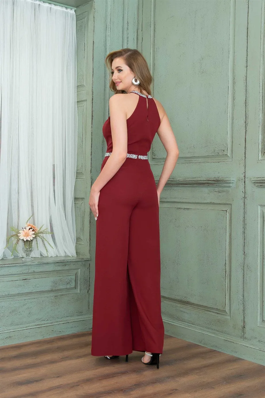 Angelino Bordeaux collar waist stone jumpsuit