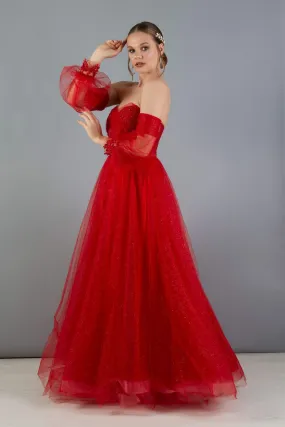 Angelino Red Tulle Low Sleeve Engagement Evening Dress