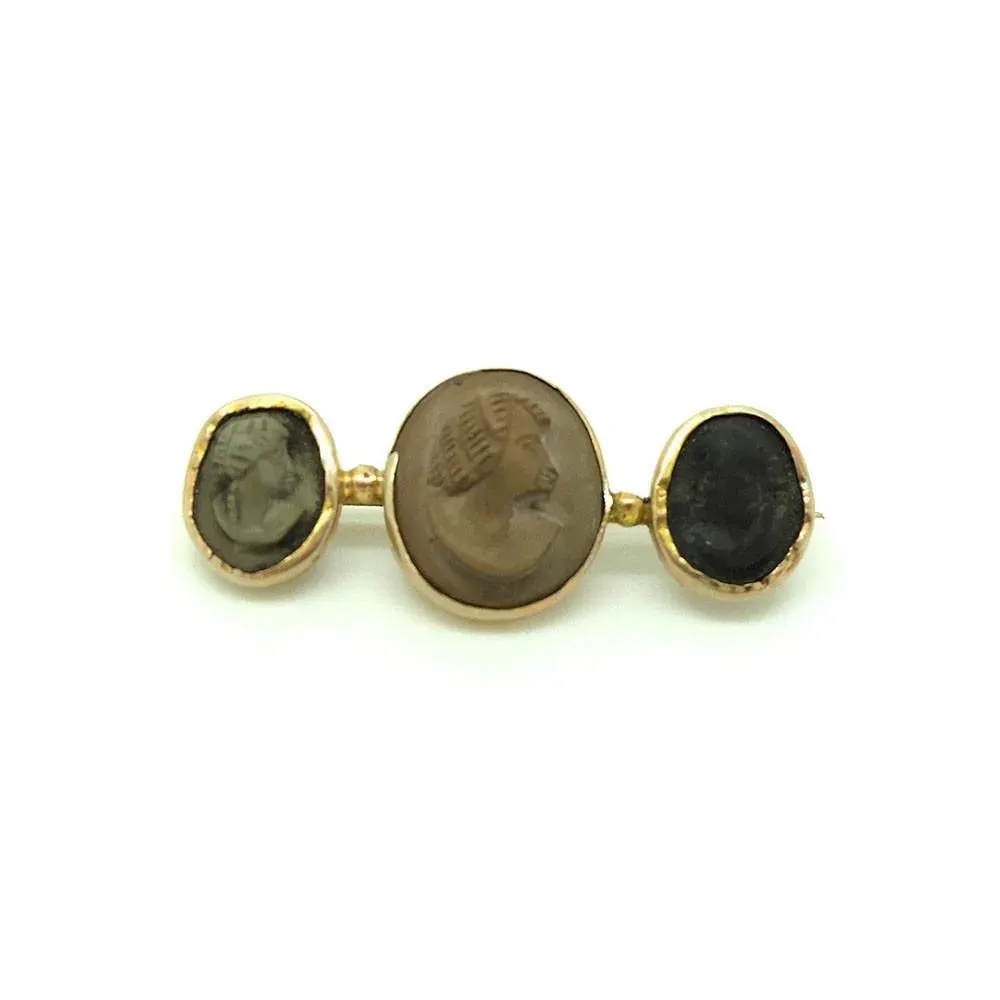 Antique Victorian Lava Cameo Bar 9ct Gold Brooch