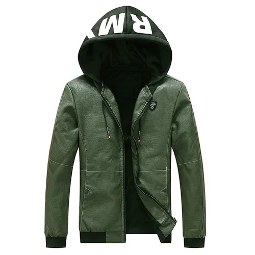 Army Printed Color Accent Leather Hooded Jacket