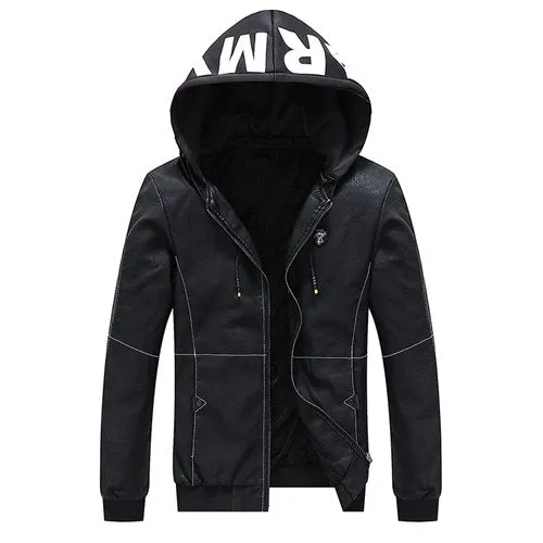 Army Printed Color Accent Leather Hooded Jacket