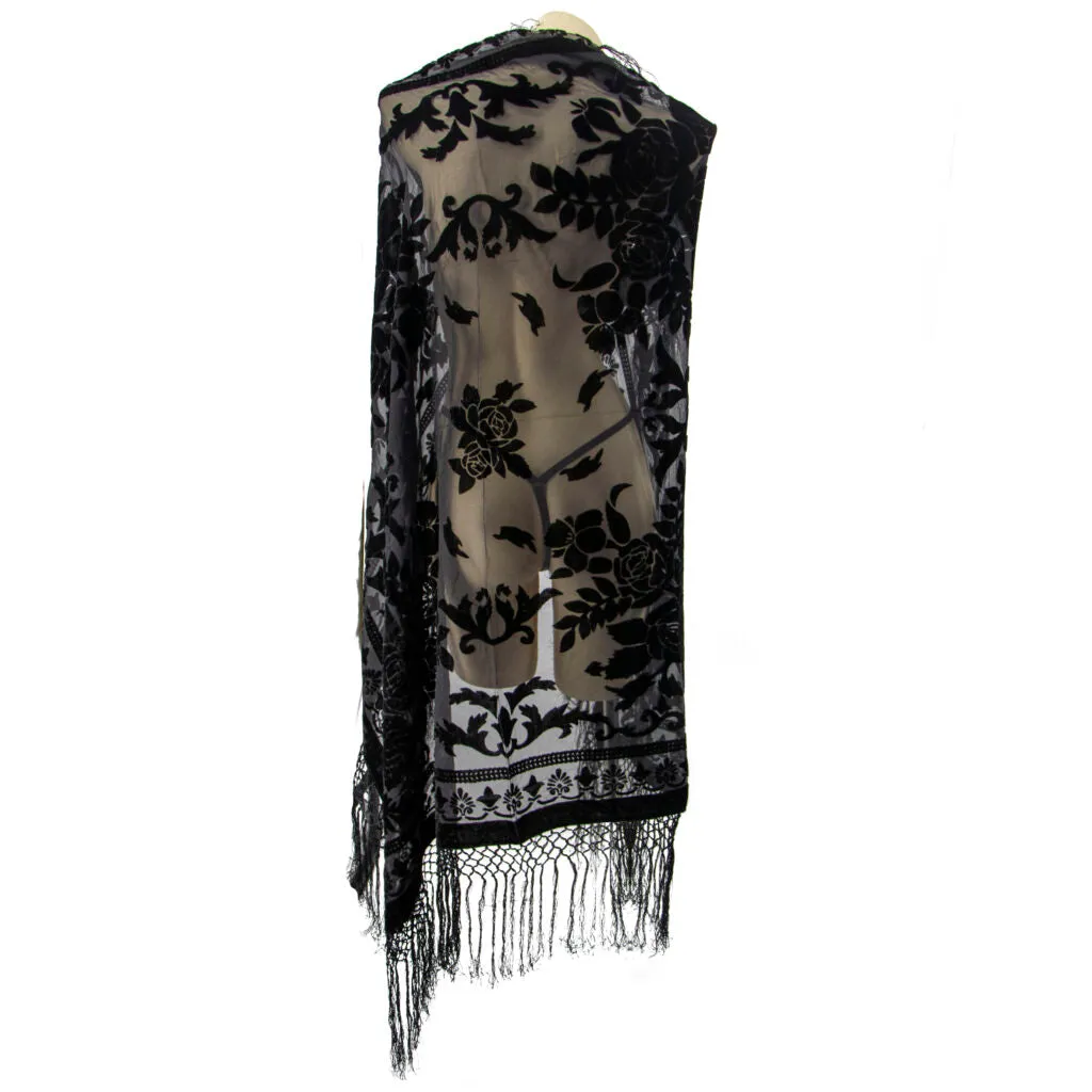 Asteria Black Velvet Floral Burnout Square Shawl