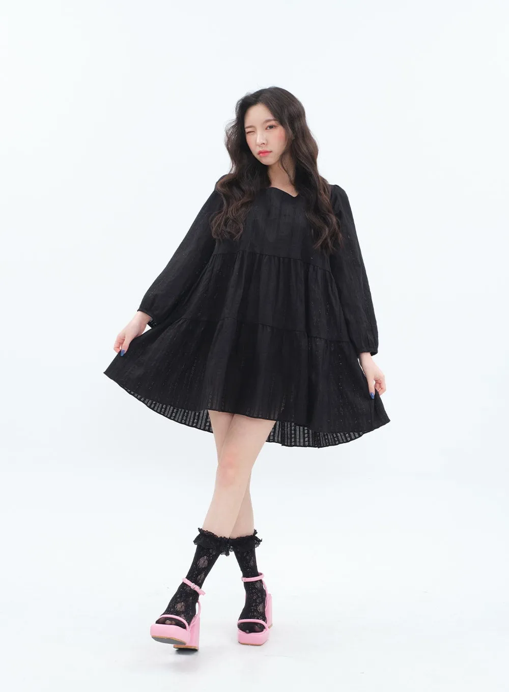 Back Ribbon Tiered Flared Mini Dress BA29