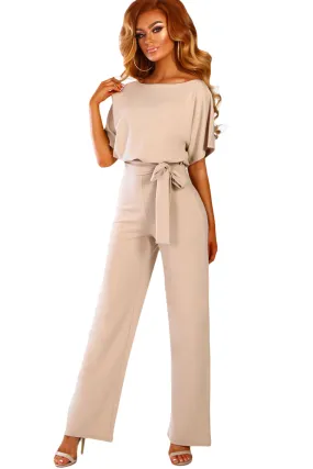 Beige Glam Belted Wide Leg Jumpsuit