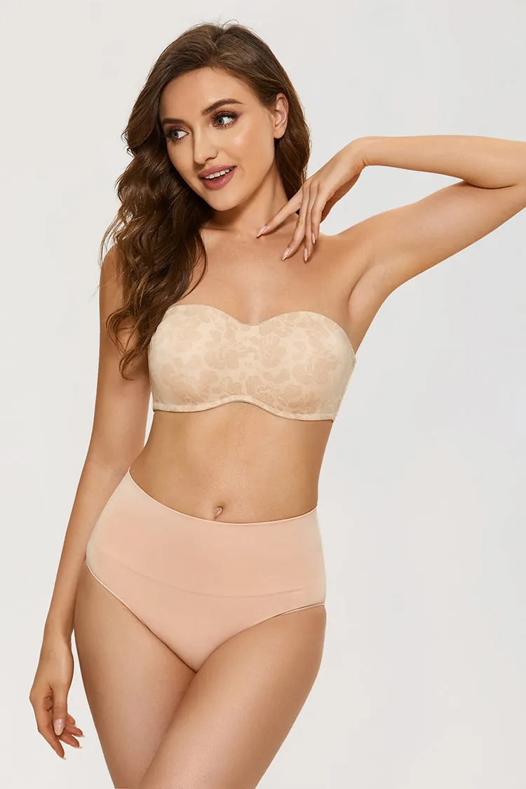 Beige Hibiscus Floral Seamless Strapless Full Coverage Bra for Women