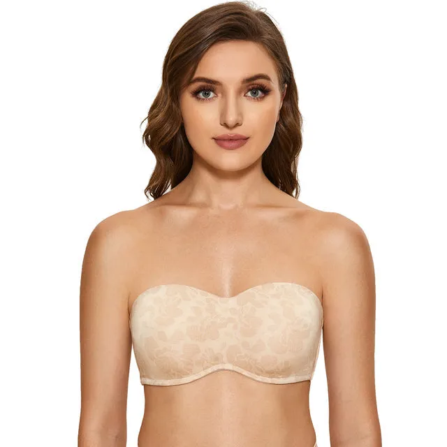 Beige Hibiscus Floral Seamless Strapless Full Coverage Bra for Women