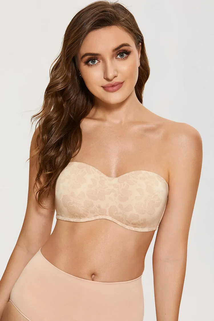 Beige Hibiscus Floral Seamless Strapless Full Coverage Bra for Women