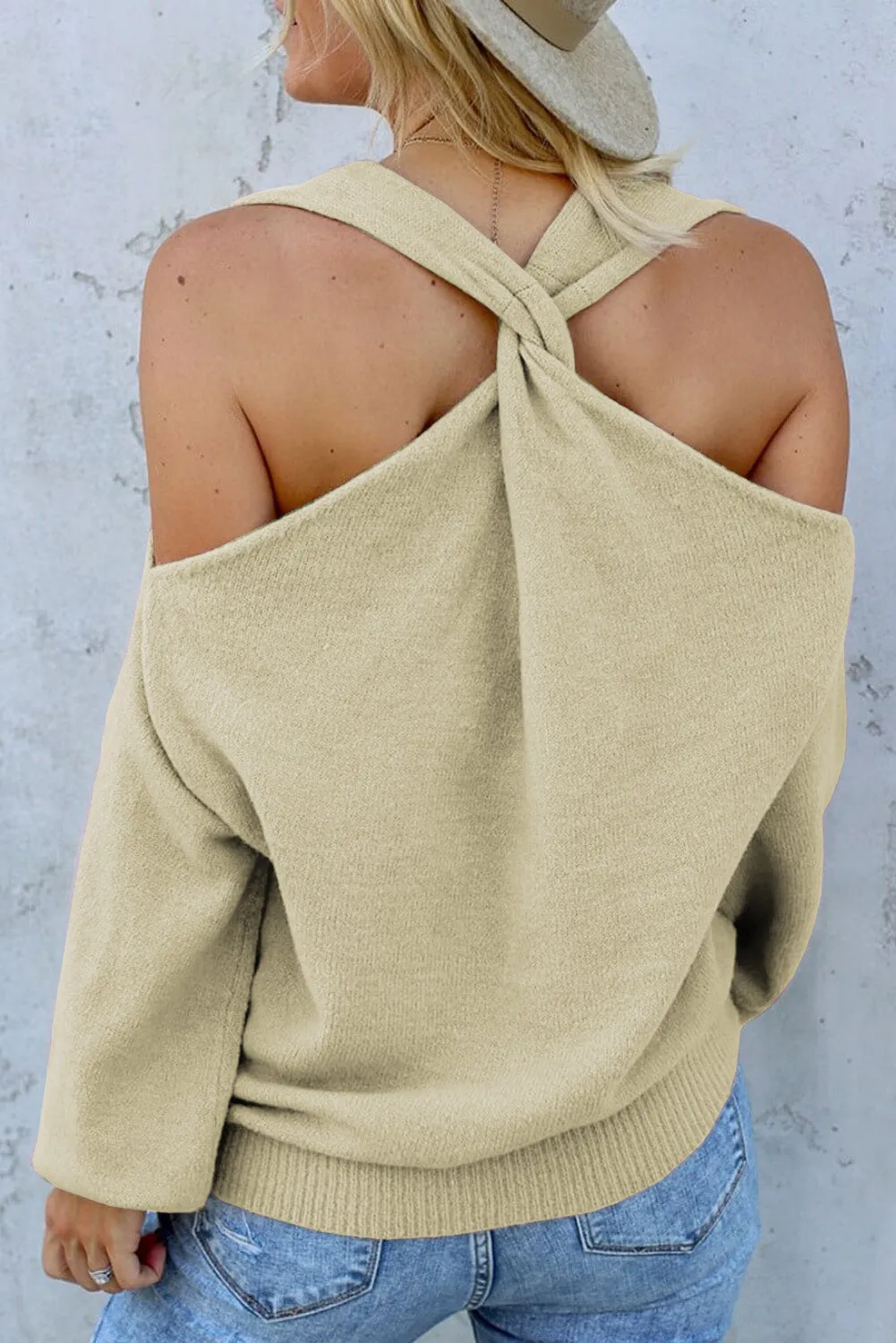 Beige Twisted Back Cold Shoulder Sweater