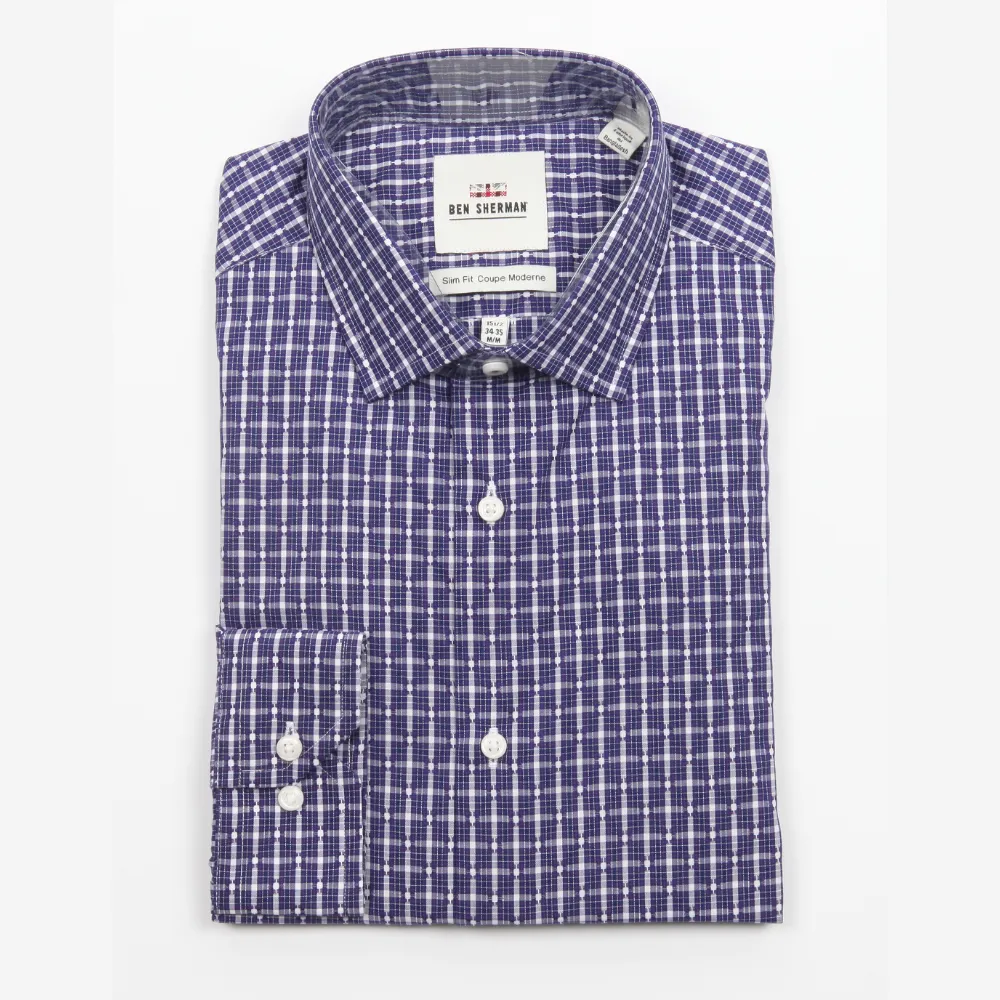 BEN SHERMAN - Dobby Check Modern Slim Fit Shirt - NAVY PLUM