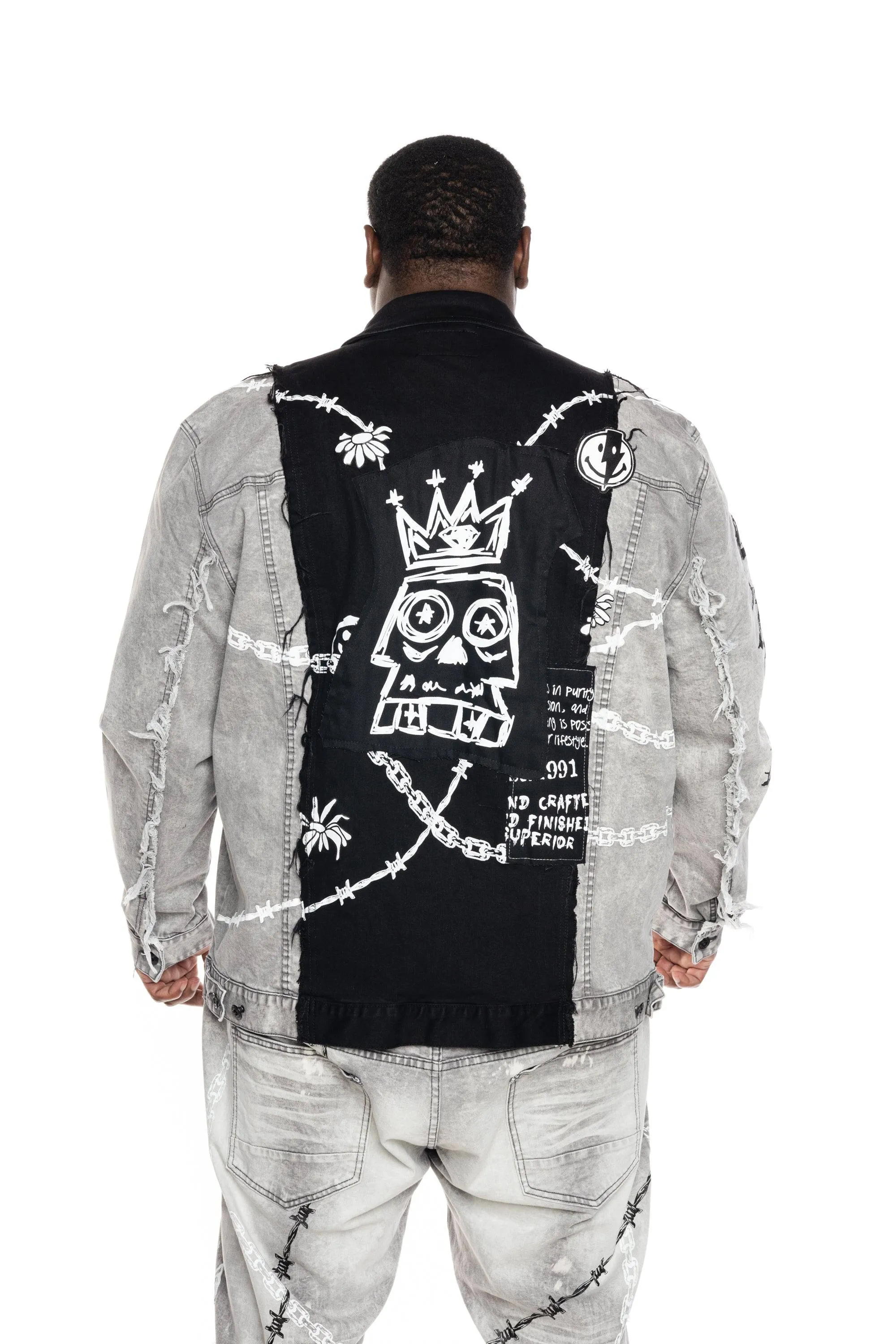 Big and Tall Mixed Media Fashion Jean Jacket - Frost Grey