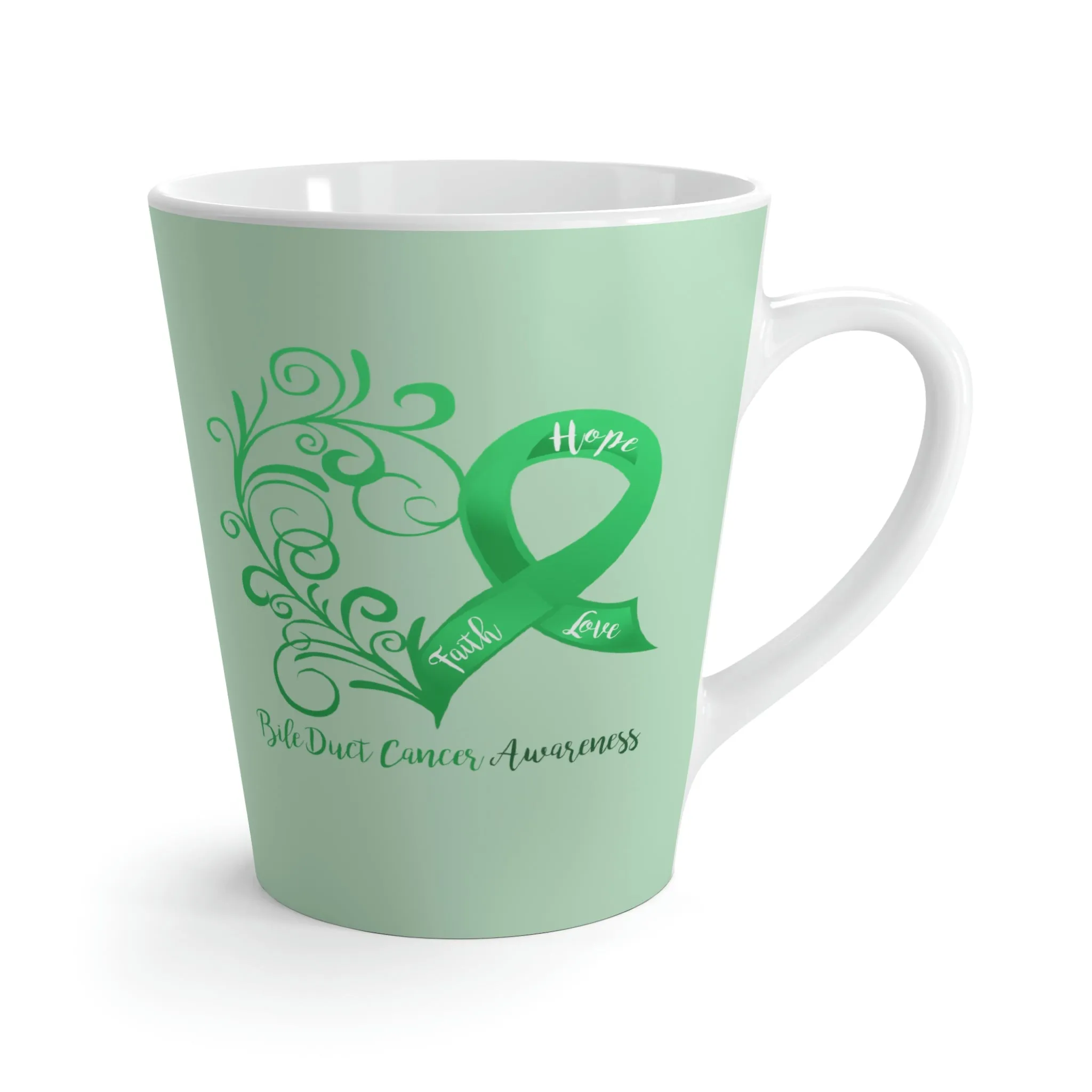 Bile Duct Cancer Awareness Heart Light Green Latte Mug (12 oz.) (Dual-Sided Design)