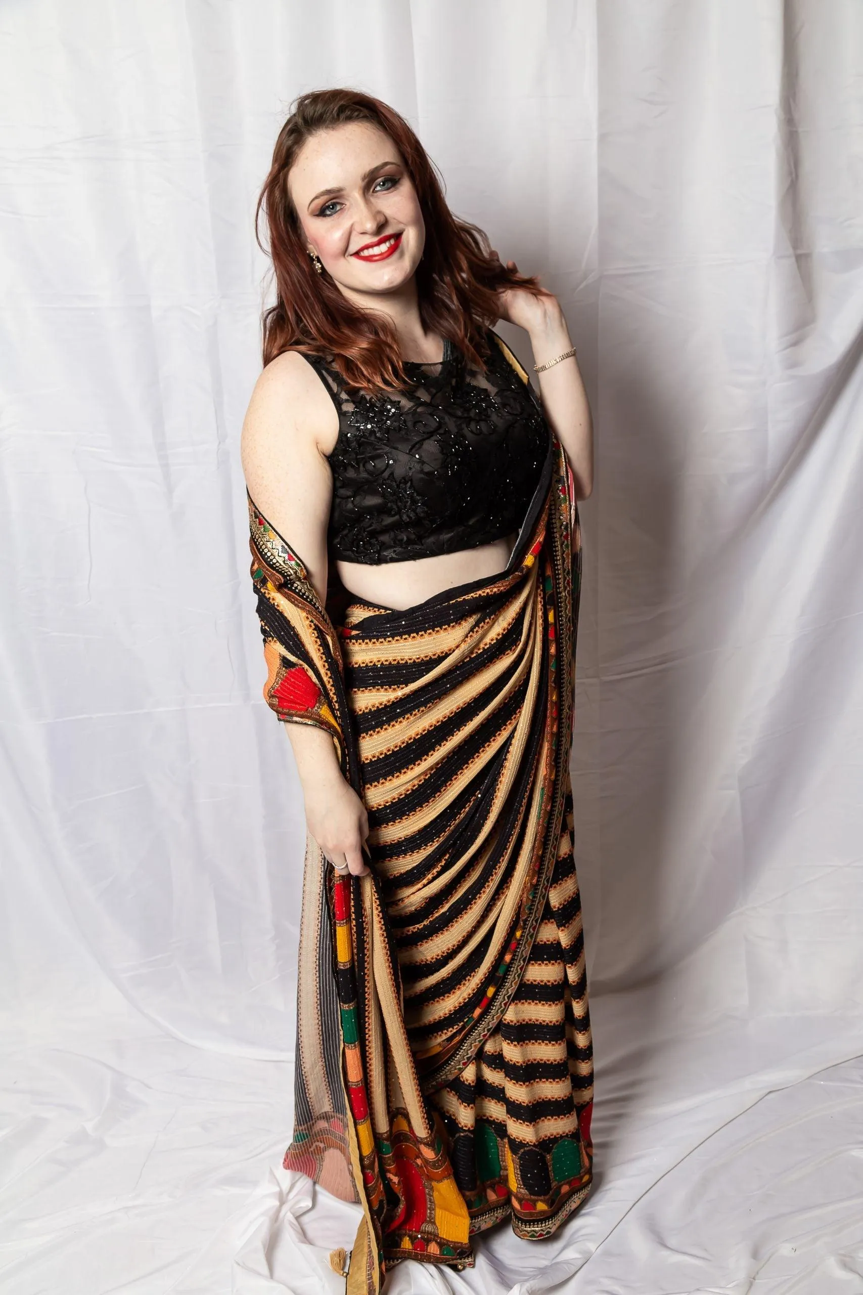 Black And Beige Color Designer Saree - Rent