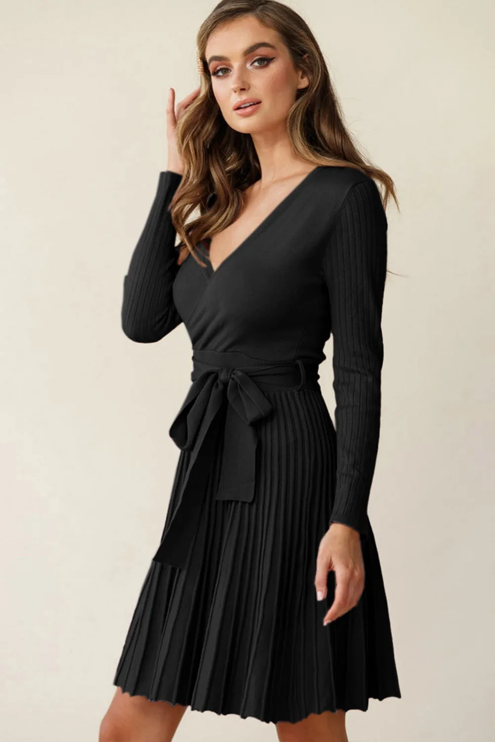 Black Belted Ribbed Pleated Midi Sweater Dress