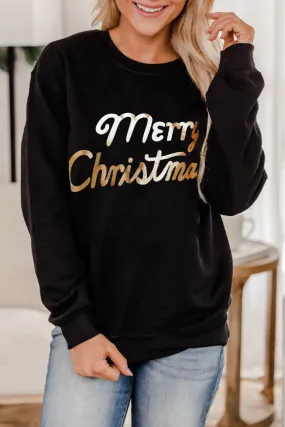 Black Christmas Text Print Pullover Sweatshirt