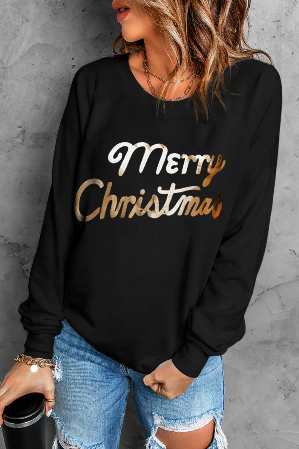 Black Christmas Text Print Pullover Sweatshirt