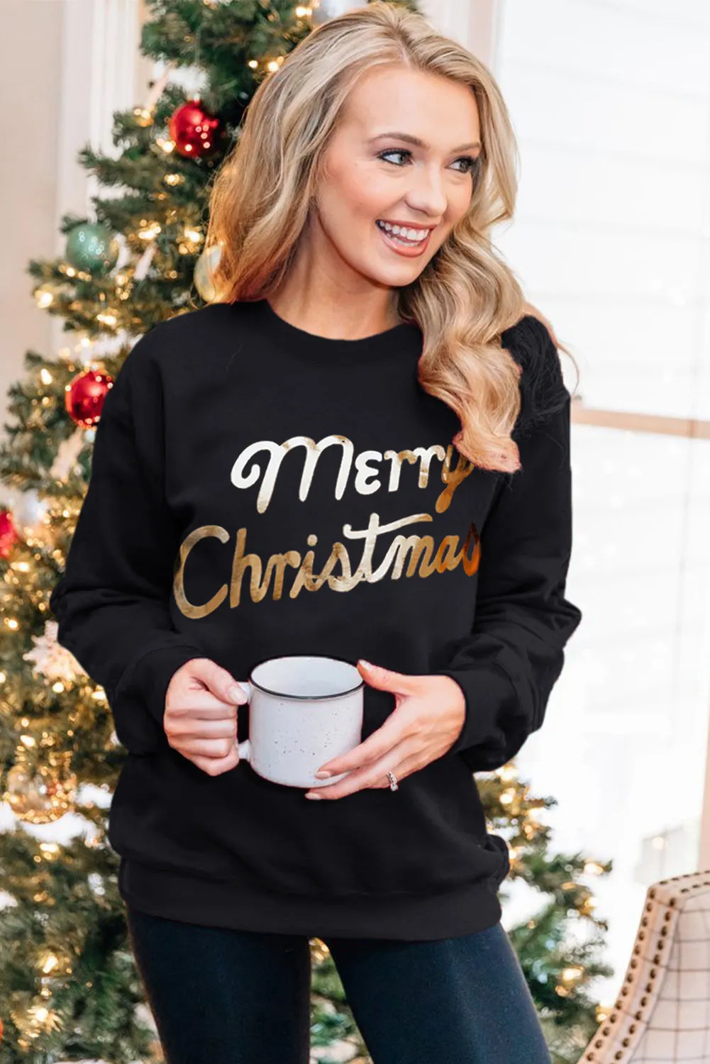 Black Christmas Text Print Pullover Sweatshirt