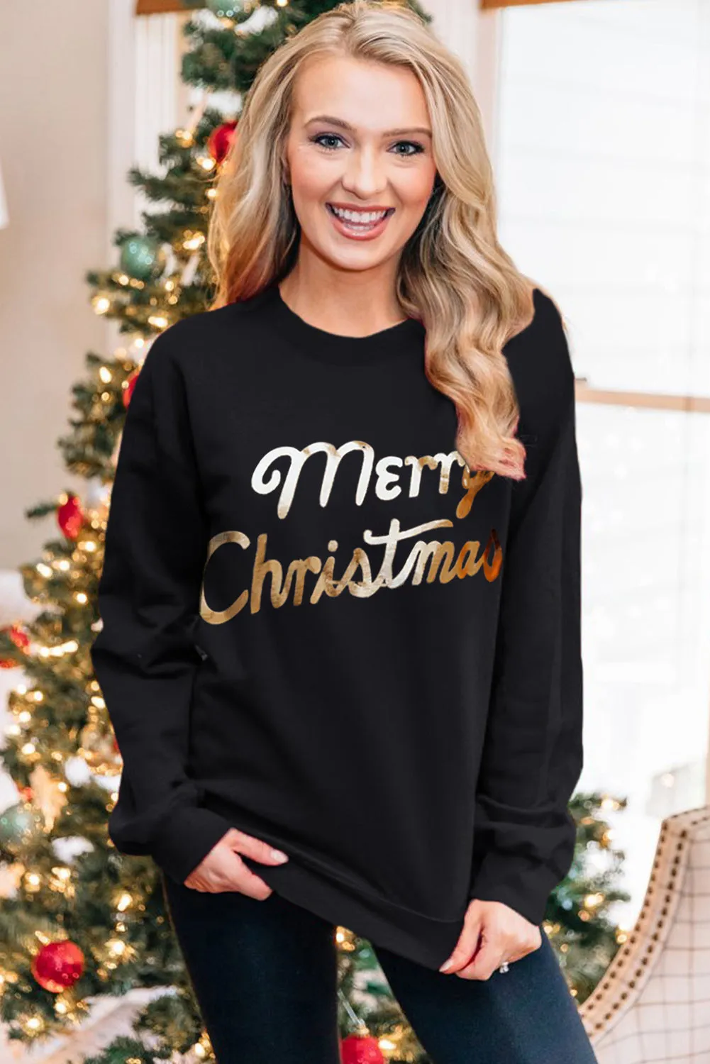 Black Christmas Text Print Pullover Sweatshirt