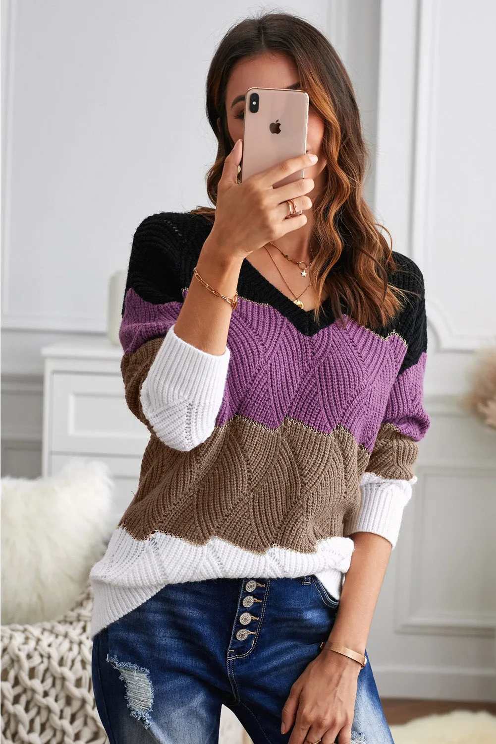 Black Color Block Textured Knit Sweater